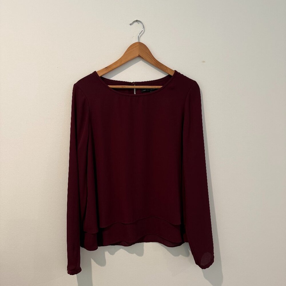 White House Black Market Maroon Blouse with Gold Accents - Size 10